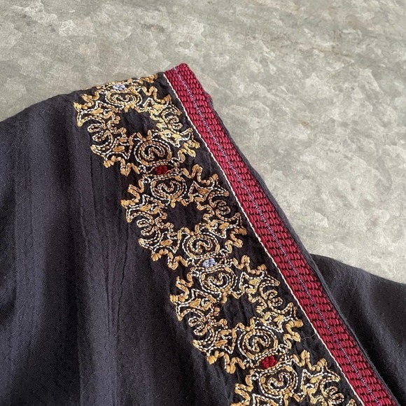 Free People Wild One Black Dress Small Embroidered Drop Waist Peasant Mini L/S - Picture 4 of 16